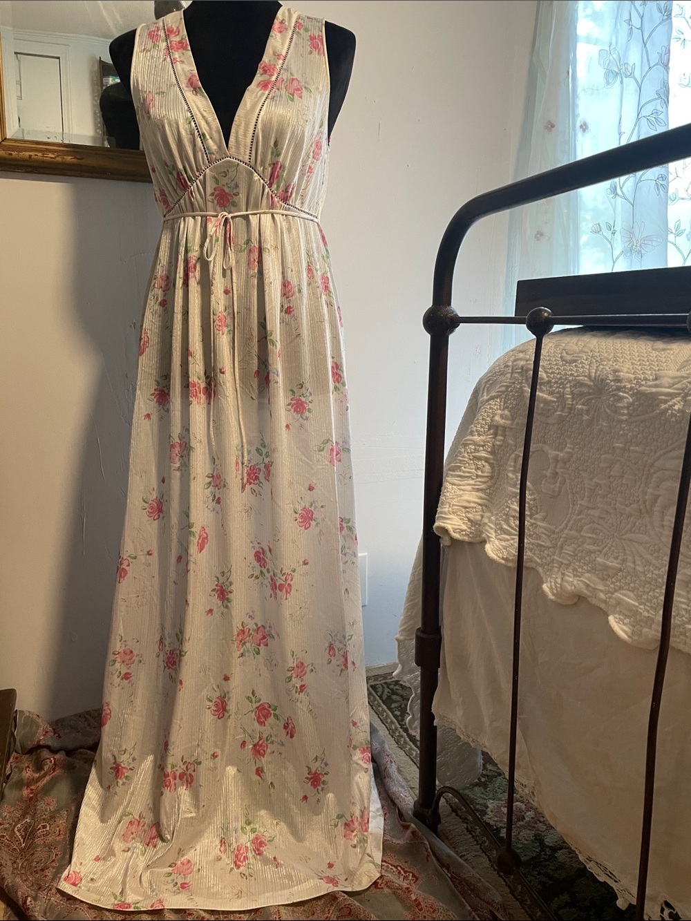 Vintage Tom Bezduda for Barad & Co Pink Floral Lace Maxi Nightgown Dress S/M